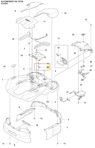 Wspornik obrotowy robota koszącego Automower 560 EPOS Husqvarna, czarny plastik, widok z góry, częściowo rozłożony z detalami, oznaczeniami i elementami montażowymi na szarym tle.