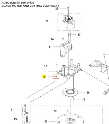 Tuleja dolna do robota koszącego Automower 560 EPOS Husqvarna, metalowa, szara z otworami montażowymi, pokazana na płaskiej powierzchni ze szczegółami i numerami identyfikacyjnymi.