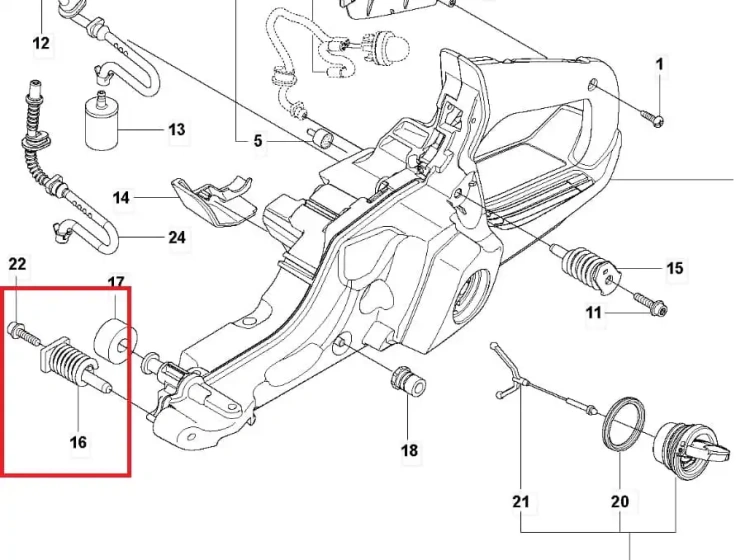 Amortyzator pilarki Husqvarna 555/560XP, czarny, cylindryczny z metalowymi i gumowymi elementami, widoczna jest mocowanie i napisy, na tle części zamiennych.