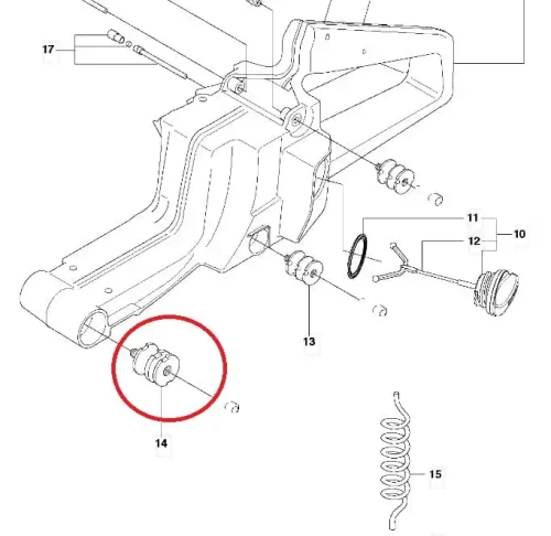 Amortyzator pilarki Husqvarna 61/268/272XP, metaliczny, okrągły element z gniazdem i detalami mocującymi, widoczny z boku na jasnym tle, otoczony innymi częściami, umożliwiający identyfikację.
