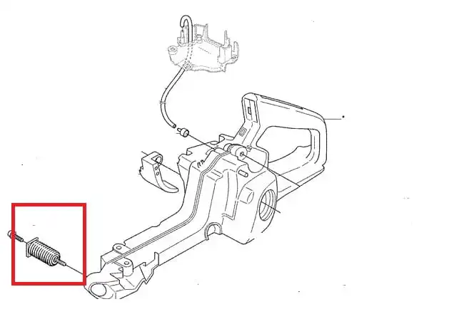 Metalowy amortyzator pilarki Husqvarna 357XP/359/455 z gwintowanym końcem do mocowania, widoczny z boku na białym tle. Zbliżenie ukazuje szczegóły konstrukcji.