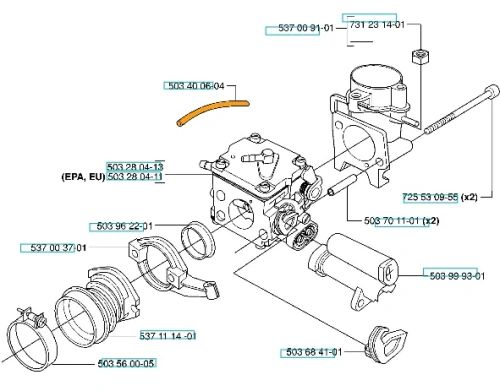 Żółty przewód impulsowy pilarki Husqvarna 365 X-TORQ/385, z mocowaniem i detalami obudowy, na białym tle, blisko elementów silnika.
