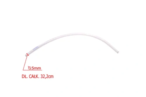 Przewód olejowy do pilarki McCulloch PROMAC 2200, transparentny, o średnicy 5 mm i długości 32,2 cm. Ujęcie z boku, elastyczny, gładki materiał. Widoczne oznaczenia dotyczące średnicy i długości.
