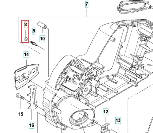 Odpowietrznik zbiornika oleju do pilarki Husqvarna 330i/435 II/440 II/461. Element metalowy w kolorze srebrnym, o cylindrycznym kształcie, z gwintowanym końcem. Widoczny zbliżenie na uchwyt i otwór montażowy, umieszczony na schemacie części.