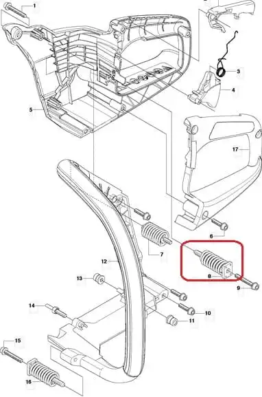 Amortyzator pilarki Husqvarna 340/345/346XP/350 w układzie montażowym, przedstawiony z boku jako szara sprężyna cylindryczna z oznaczeniami konstrukcyjnymi.