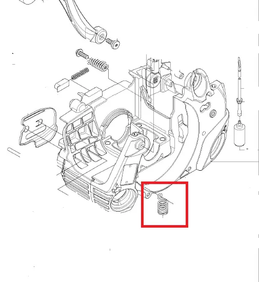 Amortyzator pilarki Husqvarna w metalowym wykończeniu, widoczny na schemacie. Umieszczony przy dolnej części silnika, z detalami sprężyny i oznaczeniami technicznymi na jednolitym tle.