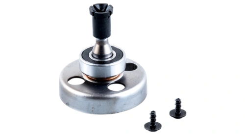 Bęben sprzęgła podkaszarki 128C w kolorze srebrnym, o okrągłym kształcie z centralnym mocowaniem. W zestawie dwie śruby. Ujęcie frontalne, ukazuje szczegóły konstrukcji oraz otwory montażowe. Tło jednolite, co podkreśla produkt.