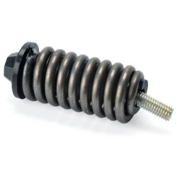 Amortyzator do pilarki Husqvarna 365, 372 w formie sprężyny, wykonany z metalowego materiału w ciemnoszarym kolorze. Produkt eksponowany na białym tle, widok z boku. Wysoka jakość wykonania, wyraźnie widoczny wkręt na końcu.
