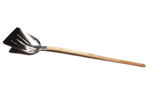 Łopata aluminiowa z błyszczącym, szerokim ostrzem oraz drewnianym styliskiem „T” o długości 95 cm, leżąca na białym tle. Ostrze ma zaokrąglony kształt, a stylisko ma naturalny kolor drewna, co zapewnia wygodny uchwyt.