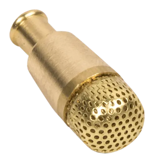Filtr oleju do pilarki Husqvarna 371XP, 565 w kolorze złotym, z metalowym, perforowanym końcem i gładką, cylindryczną częścią. Produkt w zbliżeniu, prezentowany na przezroczystym tle, ukazujący detale budowy.