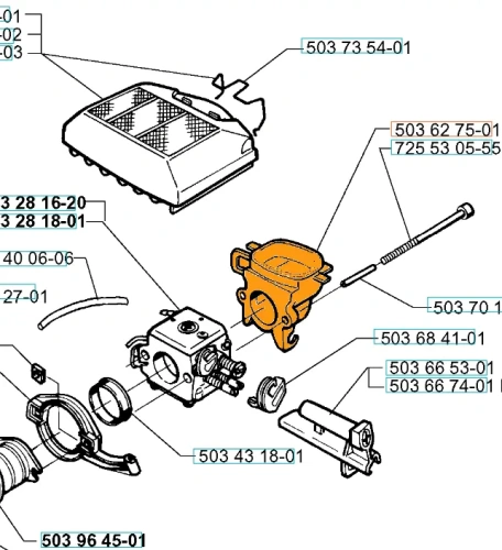 Wspornik filtra pilarki Husqvarna 362, 371XP, w kolorze pomarańczowym, wykonany z plastiku, widoczny z przodu. Element mocowania oraz detale techniczne, jak otwory na śruby i oznaczenia części, jasno widoczne. Tło graficzne, minimalistyczne.