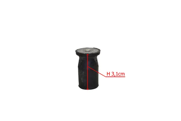 Amortyzator pilarki Husqvarna w kolorze czarnym, o wysokości 3,1 cm i cylindrycznym kształcie. Widok frontalny na produkt, z gładką fakturą, metalowym mocowaniem i widocznymi znakami montażowymi. Tło białe, co podkreśla szczegóły.