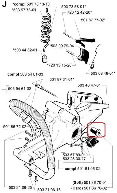 Amortyzator 'soft' do pilarek Husqvarna 254XP/257/357XP/365, metalowy, srebrny, okrągły, z oznaczeniami i elementami montażowymi. Zestaw zawiera również sprężynę.