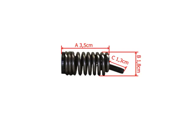 Amortyzator do pilarki Husqvarna 235/235e/236/240/240e w kolorze czarnym, wykonany z metalu. Zbliżenie na cylindryczny kształt z charakterystycznym spiralnym wyprofilowaniem. Wymiary: długość 18 cm, średnica 3,5 cm, gwint 1,3 cm widoczny.