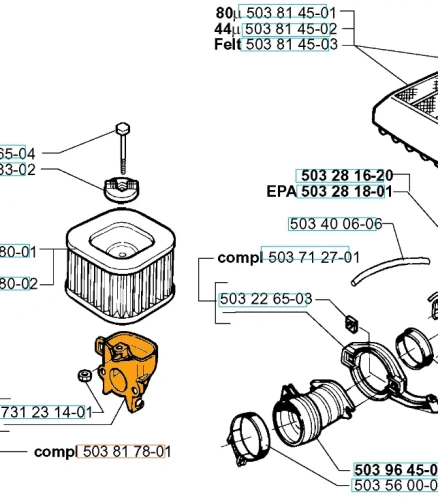 Uchwyt filtra powietrza do pilarki Husqvarna 362XP, 372XP, pomarańczowo-czarny. Zawiera kwadratowy filtr, mocowanie, pokrywę, gwintowane śrubki i oznaczenia na białym tle.