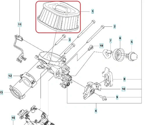 Beżowy, cylindryczny filtr powietrza do pilarek Husqvarna 585/592XP/XPG z teksturowaną powierzchnią, dopasowany do systemu pilarki. Widok z boku i zbliżenie na filtr i współpracujące części.