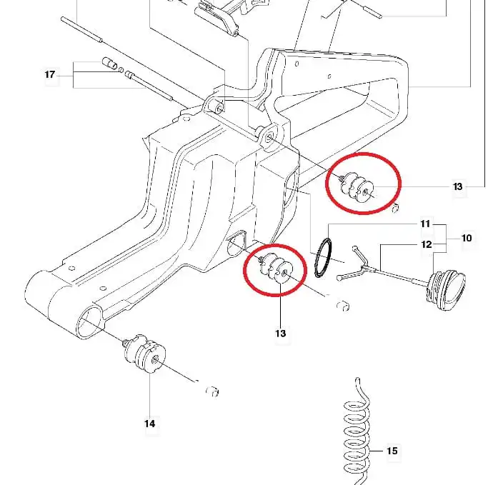 Amortyzator pilarki Husqvarna 61, widoczne sprężyny montażowe, metalowe okrągłe części w srebrnym kolorze, z boku na schemacie. Tło białe, proste, podkreślenia wskazują lokalizację elementów.