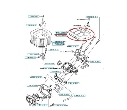 Filtr powietrza do pilarki Husqvarna 570/576XP/XPG, biały z prostokątnymi otworami wentylacyjnymi, widoczny na górze rysunku technicznego, z oznaczeniami i numerami części. Wykonany z materiałów syntetycznych.