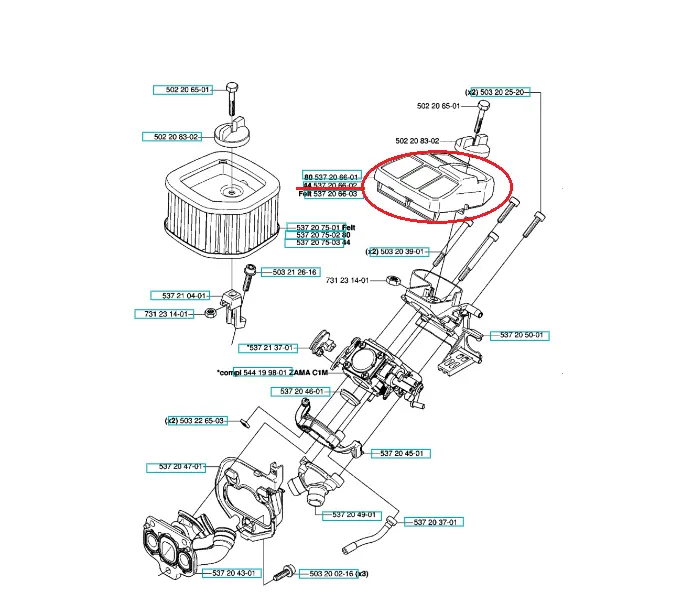 Filtr powietrza do pilarki Husqvarna 570/576XP/XPG, biały z prostokątnymi otworami wentylacyjnymi, widoczny na górze rysunku technicznego, z oznaczeniami i numerami części. Wykonany z materiałów syntetycznych.