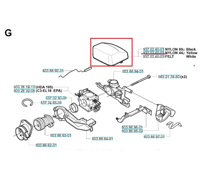 Filtr powietrza do pilarek Husqvarna 340, 345, 345e, 350, prostokątny z lekko wypukłą górą, biały z otworami wentylacyjnymi, leży na płaskiej powierzchni z częściami silnika w tle.