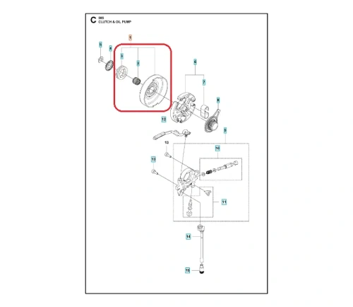 Metalowy, okrągły bęben sprzęgła do pilarek Husqvarna 585/592XP/XPG z rowkami i centralnym otworem, widoczny z boku. Elementy wewnętrzne i oznaczenia techniczne w kolorach na białym tle.