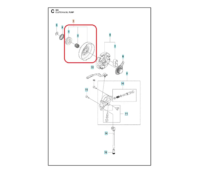 Metalowy, okrągły bęben sprzęgła do pilarek Husqvarna 585/592XP/XPG z rowkami i centralnym otworem, widoczny z boku. Elementy wewnętrzne i oznaczenia techniczne w kolorach na białym tle.