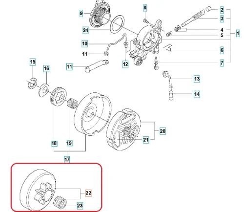 Srebrny, metalowy bęben sprzęgła do pilarek Husqvarna 362/575XP/576XP, okrągły z centralnym mocowaniem i żeberkami zwiększającymi przyczepność, widok frontalny z czytelnymi detalami.