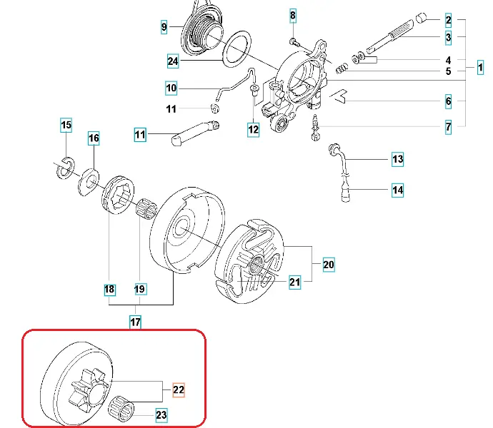 Srebrny, metalowy bęben sprzęgła do pilarek Husqvarna 362/575XP/576XP, okrągły z centralnym mocowaniem i żeberkami zwiększającymi przyczepność, widok frontalny z czytelnymi detalami.