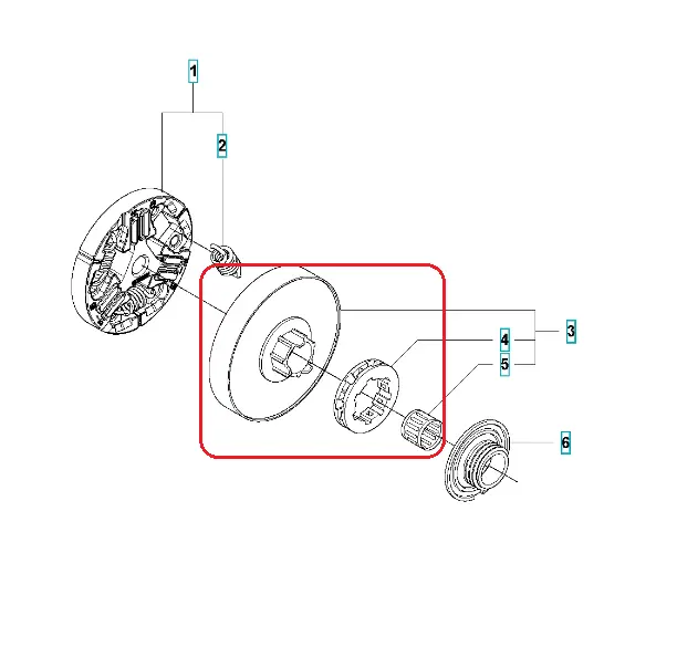 Bęben sprzęgła pilarki Husqvarna 555/560XP/XPG, okrągły, metaliczny, w kolorze szarym. Widoczny w zbliżeniu, leżący na białym tle. Centralne elementy to otwór montażowy oraz krawędzie z wypustkami. Brak dodatkowych elementów w otoczeniu.