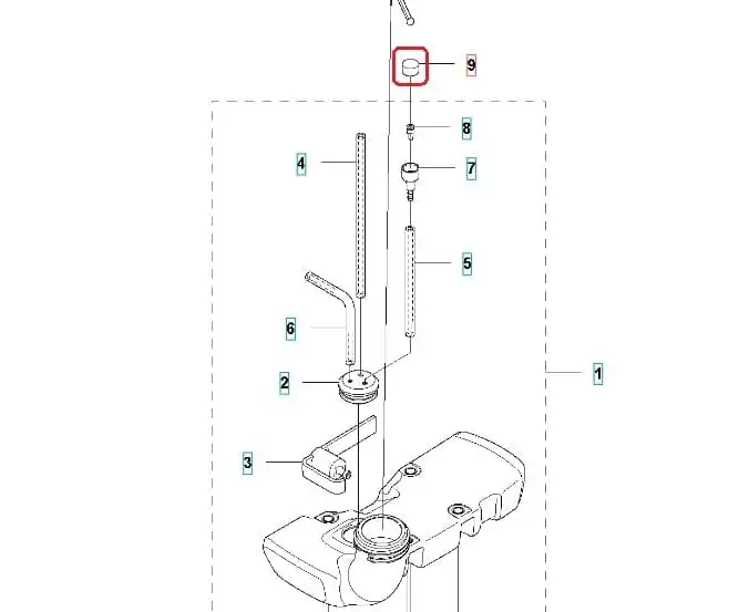 Filtr paliwa do podkaszarki Husqvarna 122 LDx, cylindryczny, jasnoszary, zamontowany na zbiorniku paliwa z widocznymi liniami prowadzącymi do innych części układu.
