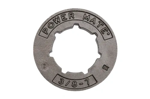 Kółko pływające 3/8-7 Husqvarna w kolorze szarym, metalowe, okrągłe, z napisami POWER MATE i oznaczeniem 3/8-7. Produkt pokazany z przodu, ukazujący jego symetryczny kształt i wnętrze z ząbkami.