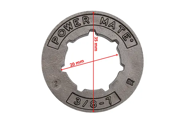 Kółko pływające 3/8-7 Husqvarna, w kolorze metalicznym, z wyraźnym napisem POWER MATE. Widok frontalny, o średnicy 35 mm i otworze o średnicy 20 mm, z wyraźnie zaznaczonymi kształtami ząbków. Brak dodatkowych akcesoriów.