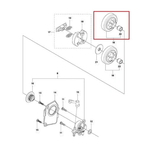 Metalowy bęben sprzęgła pilarki Husqvarna T425 6T, okrągły, widoczny z boku z mocowaniami sprężyn i oznaczeniami części na białym tle.