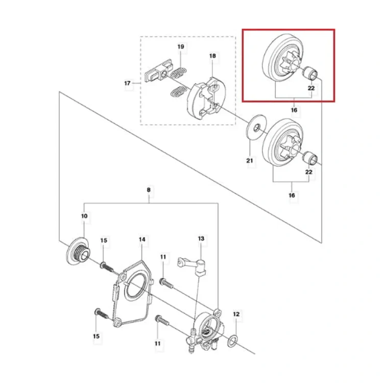Metalowy bęben sprzęgła pilarki Husqvarna T425 6T, okrągły, widoczny z boku z mocowaniami sprężyn i oznaczeniami części na białym tle.