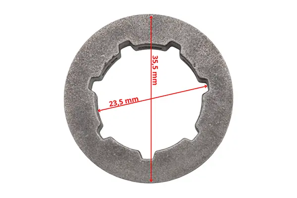 Kółko pływające 3/8-7 standard Maya w kolorze szarym, wykonane z metalu, o średnicy wewnętrznej 23,5 mm i zewnętrznej 35,5 mm. Ujęcie frontalne, ukazujące detale kształtu oraz gwintowane reliefy na obrzeżu.