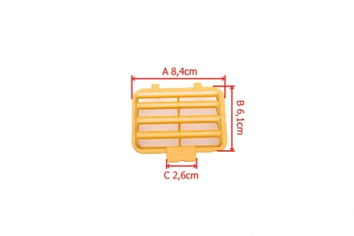 Filtr powietrza siatkowy do pilarki Husqvarna 130/135 Mark II. Żółty, prostokątny, z wyraźnym wzorem kraty. Wymiary: 8,4 cm x 6,1 cm x 2,6 cm. Ujęcie frontalne, mocowanie na górze. Tło białe, prostokątne, podkreślające szczegóły produktu.