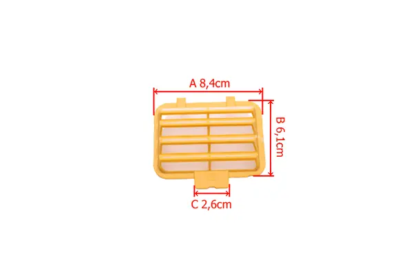 Filtr powietrza siatkowy do pilarki Husqvarna 130/135 Mark II. Żółty, prostokątny, z wyraźnym wzorem kraty. Wymiary: 8,4 cm x 6,1 cm x 2,6 cm. Ujęcie frontalne, mocowanie na górze. Tło białe, prostokątne, podkreślające szczegóły produktu.