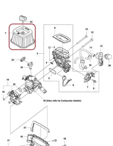 Filtr powietrza Husqvarna 572XP/XPG, kwadratowy, szary z siateczkową teksturą, widoczny z góry w silniku, z oznaczeniami numerów części, idealny do utrzymania czystości silnika.