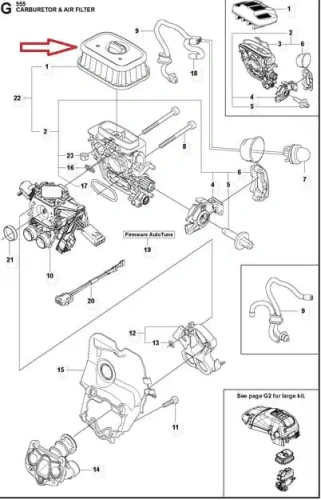 Filtr powietrza do pilarek Husqvarna 545/550/555/560/562, biały, prostokątny z metalową osłoną, widoczny z góry z otworem powietrza i napisem Filtr powietrza, pokazany otwarty na schemacie montażu.