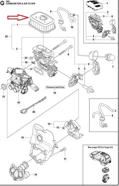 Filtr powietrza do pilarek Husqvarna 545/550/555/560/562, biały, prostokątny z metalową osłoną, widoczny z góry z otworem powietrza i napisem Filtr powietrza, pokazany otwarty na schemacie montażu.