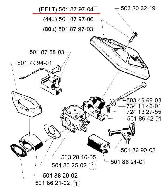 Filtr powietrza do pilarek Husqvarna 254XP, 257 z logo, widoczny frontalnie na białym tle. Zestaw zawiera obudowę, mocowanie i śruby w neutralnych kolorach oraz widoczne detale montażowe.