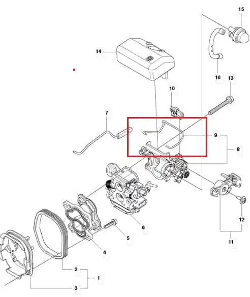 Zatrzask filtra powietrza do Husqvarna 440/445, widoczny w zbliżeniu, w kolorze czarnym, wykonany z tworzywa sztucznego. Element w pozycji leżącej, z wyraźnymi detalami mocowania. Stan nowy, na białym tle, bez dodatkowych akcesoriów.