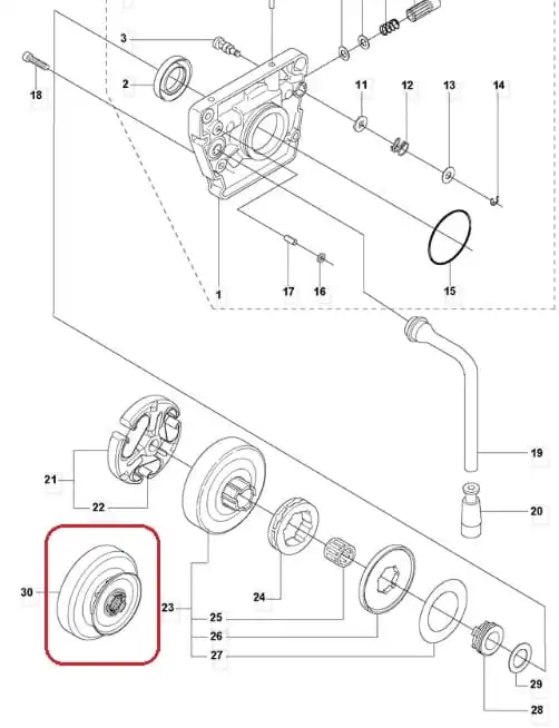 Metaliczny bęben sprzęgła pilarki Husqvarna 61/266/268, okrągły, z widocznym gwintem, na białym tle. Pasuje do serii Husqvarna, może zawierać oznaczenia i numery identyfikacyjne.