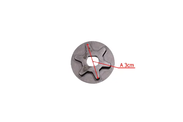 Tarcza sprzęgła w kształcie sześciopunktowej zębatki, wykonana z metalu, o średnicy 6 cm. Widoczny otwór w środku oraz wymiary (A 3 cm) na tle białym, podkreślające detale mechaniczne. Produkt leżący płasko, ukazujący symetryczną budowę.