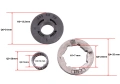 Bęben sprzęgła pilarki Husqvarna 257/254 w poziomie, metalowa tarcza z logo (Ø 35 mm), obok czarna część z rowkami (Ø 31 mm) i plastikowy element (Ø 16 mm). Wymiary na zdjęciu.