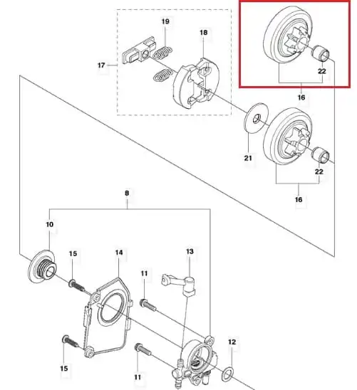 Srebrny, okrągły bęben sprzęgła do pilarki Husqvarna T425 z nacięciami na krawędzi i widocznymi oznaczeniami, pokazany z przodu na białym tle, otoczony częściami zamiennymi.