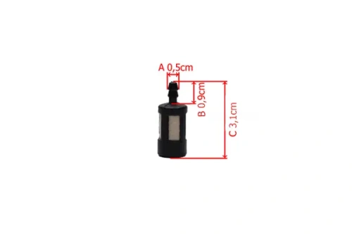 Filtr paliwa uniwersalny T1 w czarnym kolorze, cylindryczny kształt z przezroczystym oknem. Wymiary: wysokość 3,1 cm, średnica 0,9 cm. Widoczny otwór z góry do montażu. Produkt na jednolitym tle, w zbliżeniu na detal.