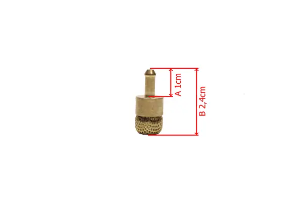 Złoty filtr oleju do pilarek Husqvarna i Jonsered, cylindryczny, z głowicą 1 cm i siateczkowym dnem. Wymiary: A 1 cm, B 2,4 cm. Proste tło podkreśla detale produktu.
