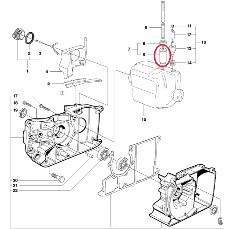 Filtr paliwa do przecinarek Husqvarna, pionowy, z tworzywa, cylindryczny, z czytelnym oznaczeniem, umieszczony między elementami silnika, na białym tle.