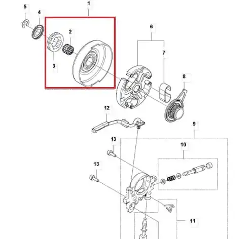 Bęben sprzęgła pilarki Husqvarna 565/572XP/XPG w detalach mechanicznych, pokazany z boku, z wyraźnym widokiem na kształt i elementy pasujące do systemu. Kolor srebrny, o gładkiej, metalicznej fakturze, dopasowany do innych części.